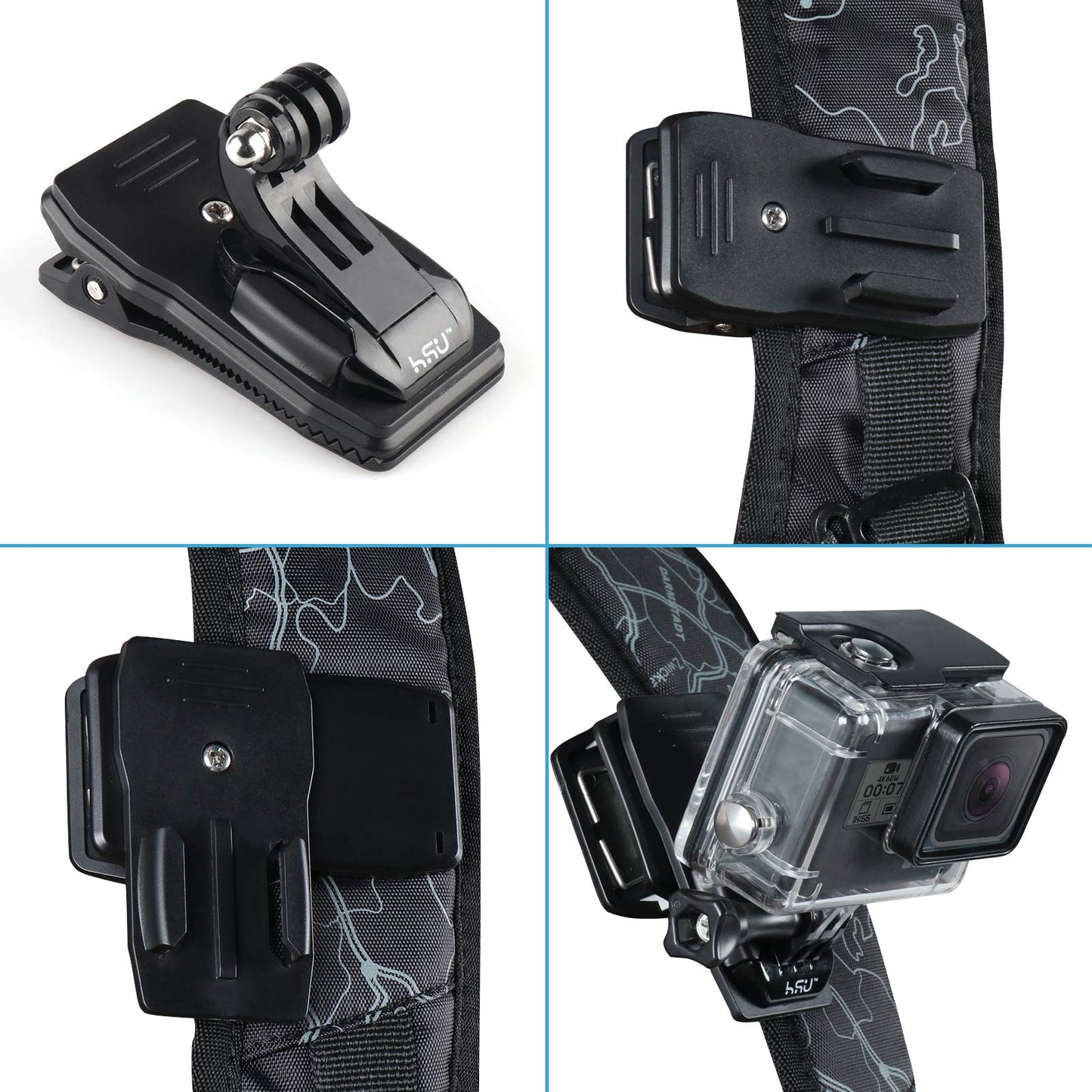 HSU Backpack Strap Clip Holder for GoPro Action Cameras-360 Degree Rotary