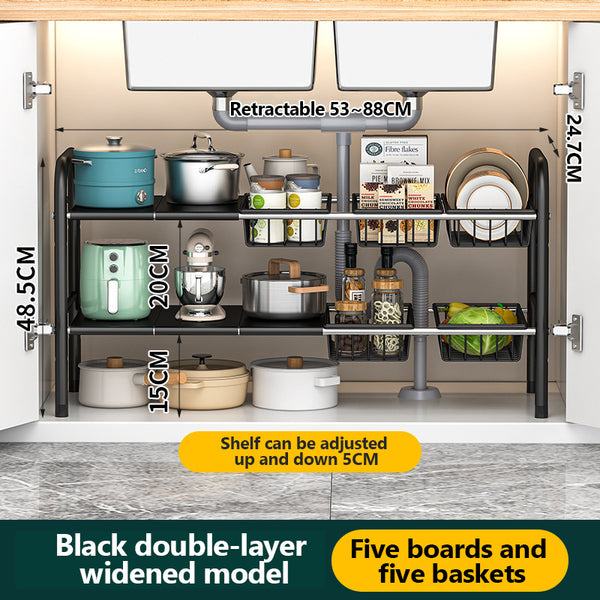 Expandable Under Sink Organizer, 2 Tier Under Sink Shelf with 5 Removable Baskets and 5 Removable Boards for Cabinet Sink Cloakroom Wardrobe Closet Storage (Black)