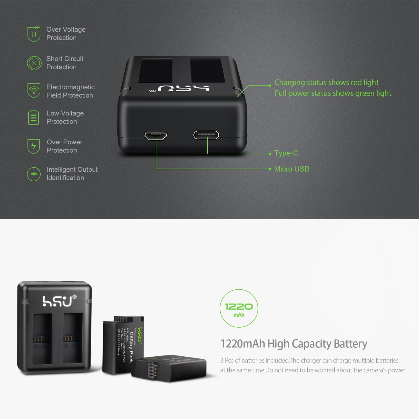 HSU GoPro 2-Pack Replacement Battery & Dual LED charger for GoPro 8/7/6/5