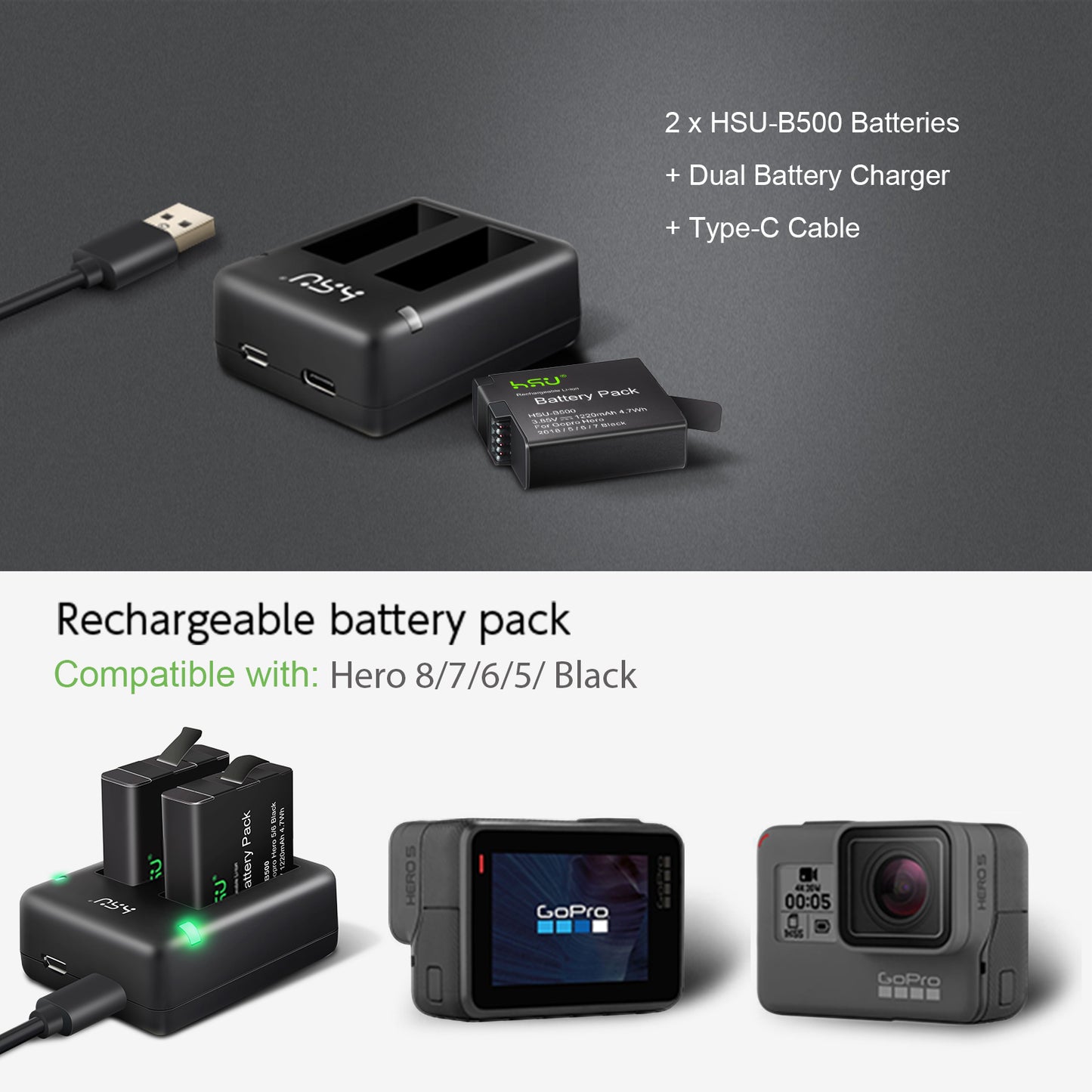 HSU GoPro 2-Pack Replacement Battery & Dual LED charger for GoPro 8/7/6/5